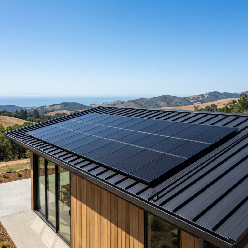 High-efficiency solar panels reflecting a blue sky on a residential rooftop
