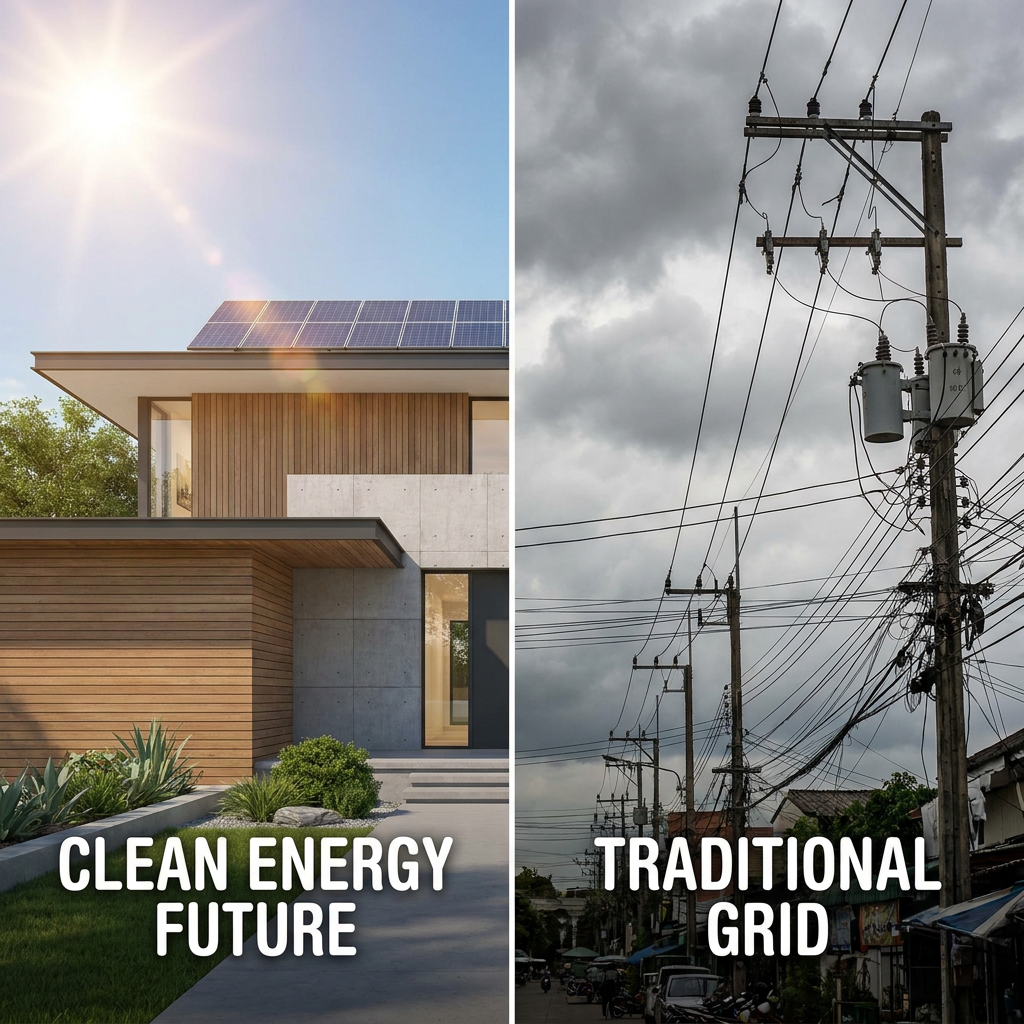 Comparison of modern solar-powered home vs traditional power lines