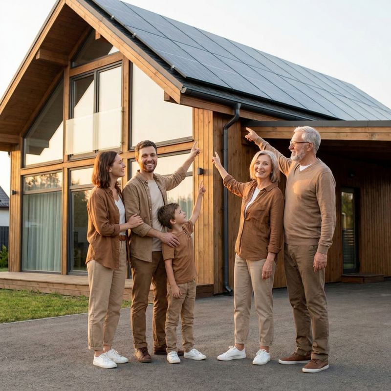 A happy modern family in front of their solar-powered house