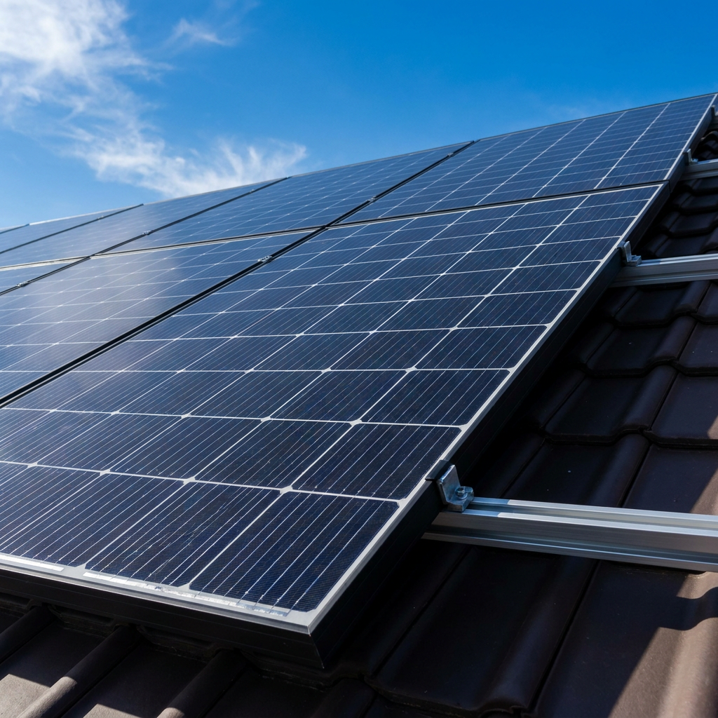 High-efficiency solar panels reflecting a blue sky on a residential rooftop