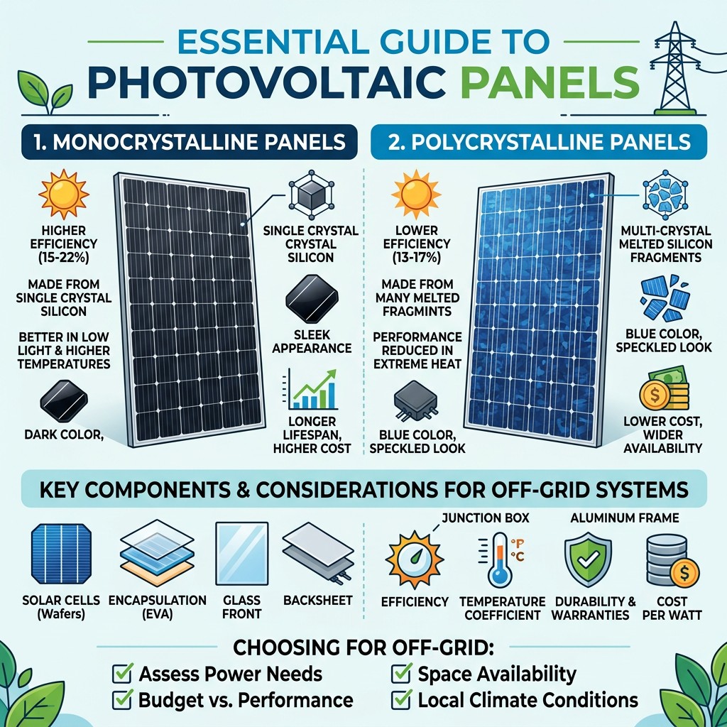 Professional photovoltaic panels selection for off-grid power systems.