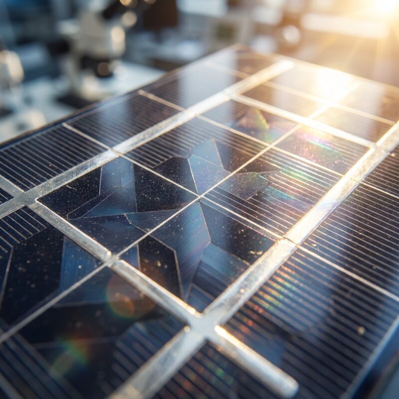 High efficiency monocrystalline solar panels close up under sunlight