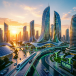 Futuristic city powered by solar integrated architecture