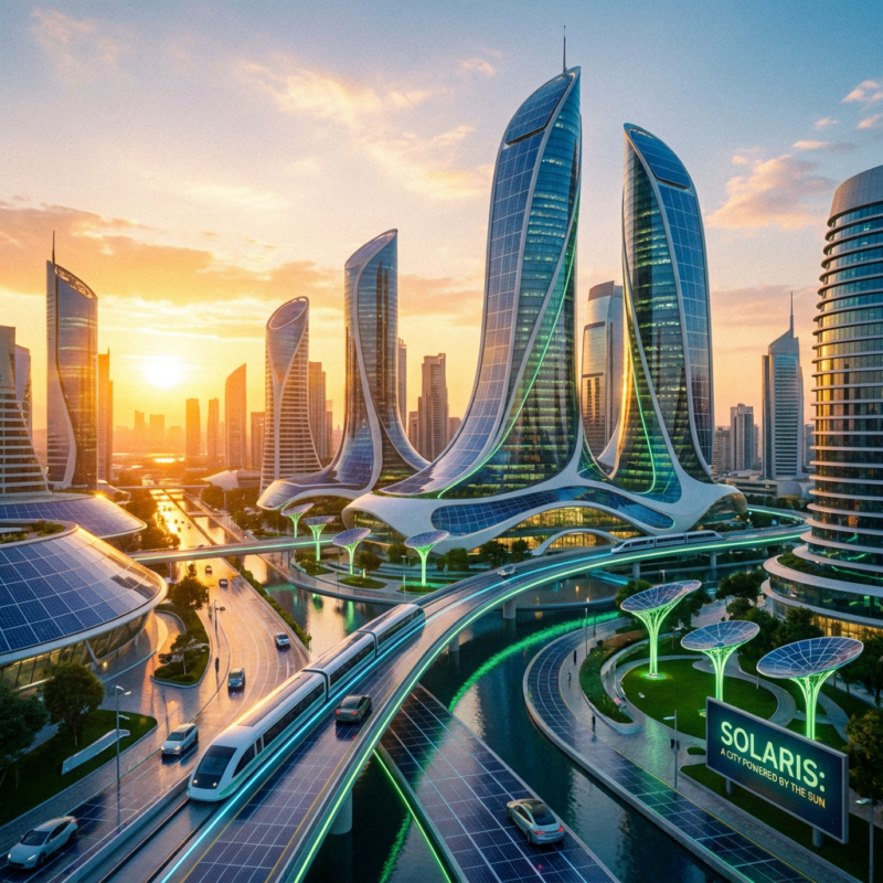 Futuristic city powered by solar integrated architecture