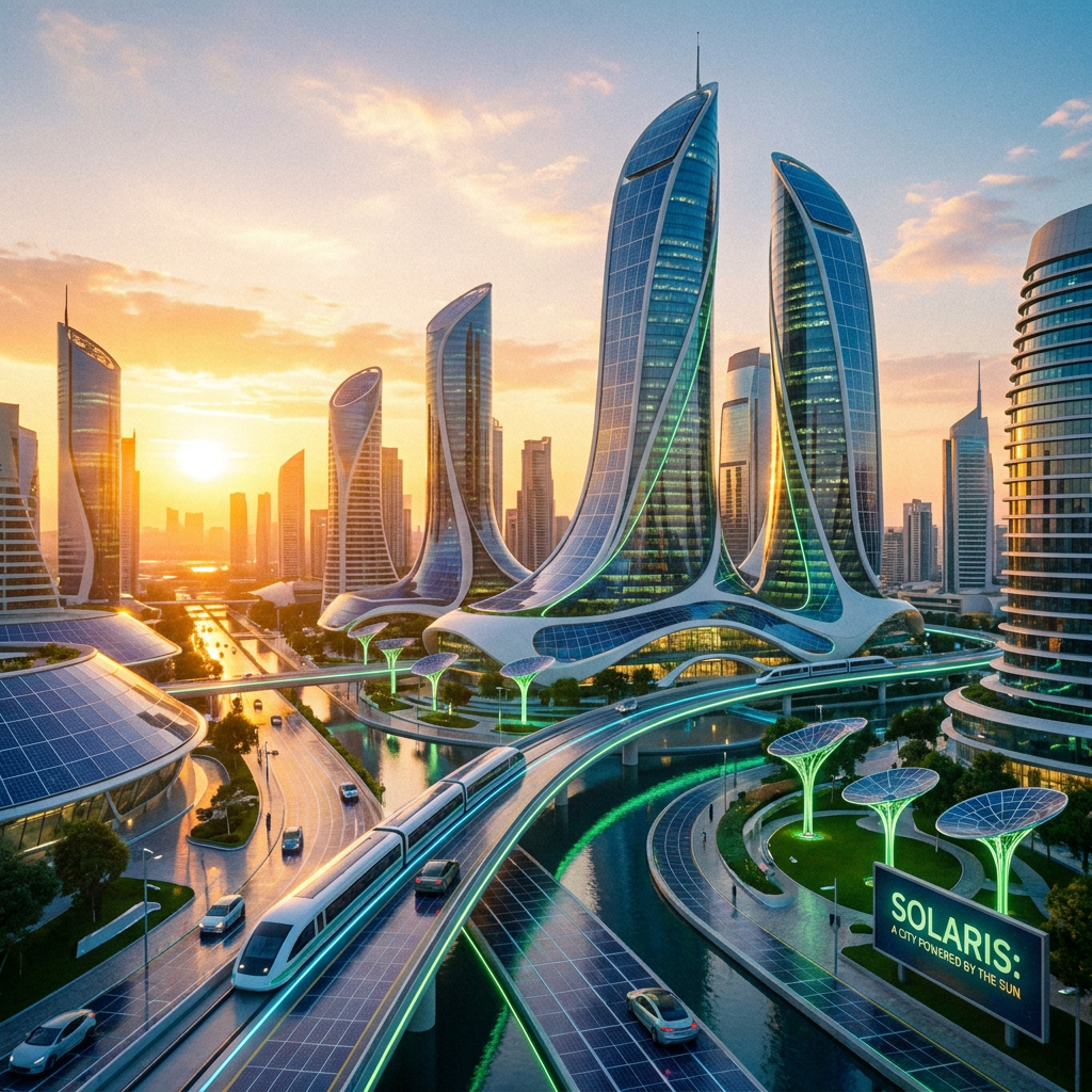 Futuristic city powered by solar integrated architecture