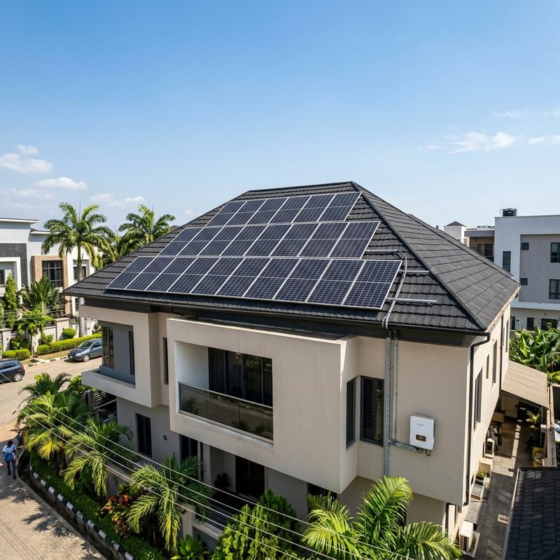 High-efficiency monocrystalline solar panels installed on a residential rooftop in Nigeria.