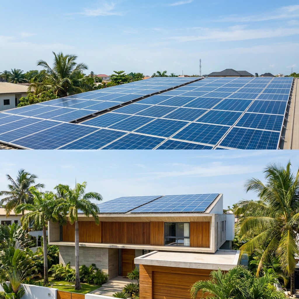 Modern rooftop monocrystalline solar photovoltaic panel installation on a Nigerian home under bright sunlight.